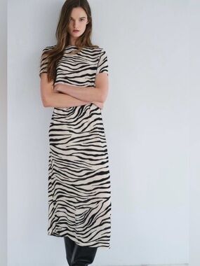 Zara Black & Cream Zebra-Print Short Sleeve Maxi Dress